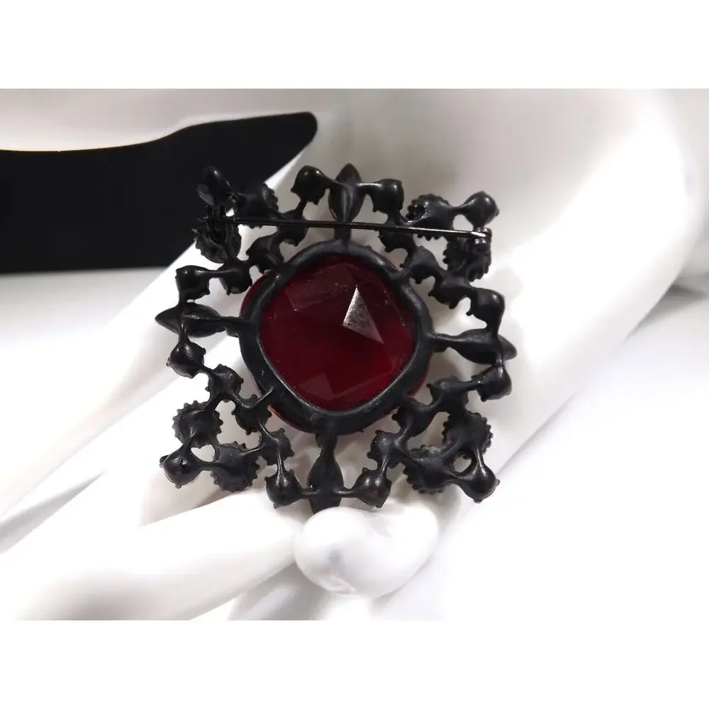 Red Large Rhinestone Aurora Borealis Brooch, Japanned Black Enamel 1970s Vintage